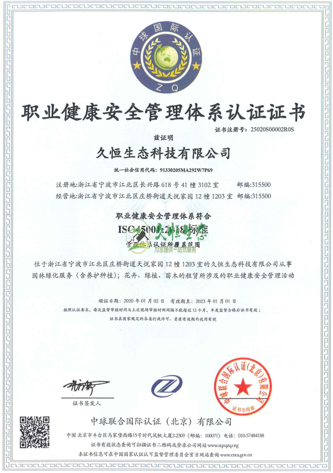 合肥滨湖职业健康安全管理体系ISO45001证书